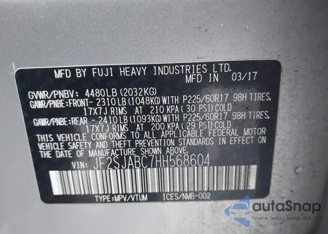 2017 Subaru Forester 2.5I из США, поврежденный, VIN JF2SJABC7HH568604